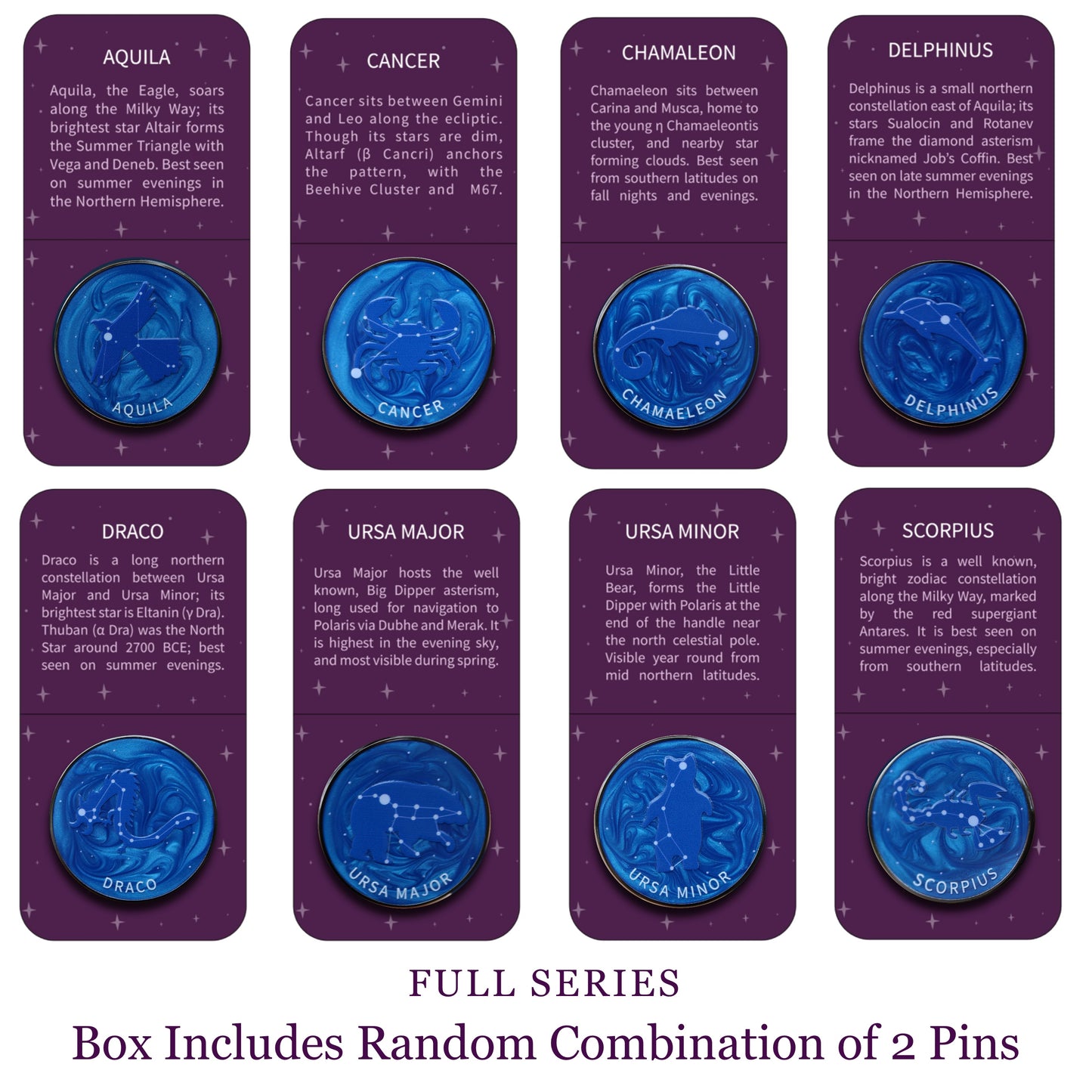 Set of 8 purple cards with blue celestial designs and star constellation names on a white background.