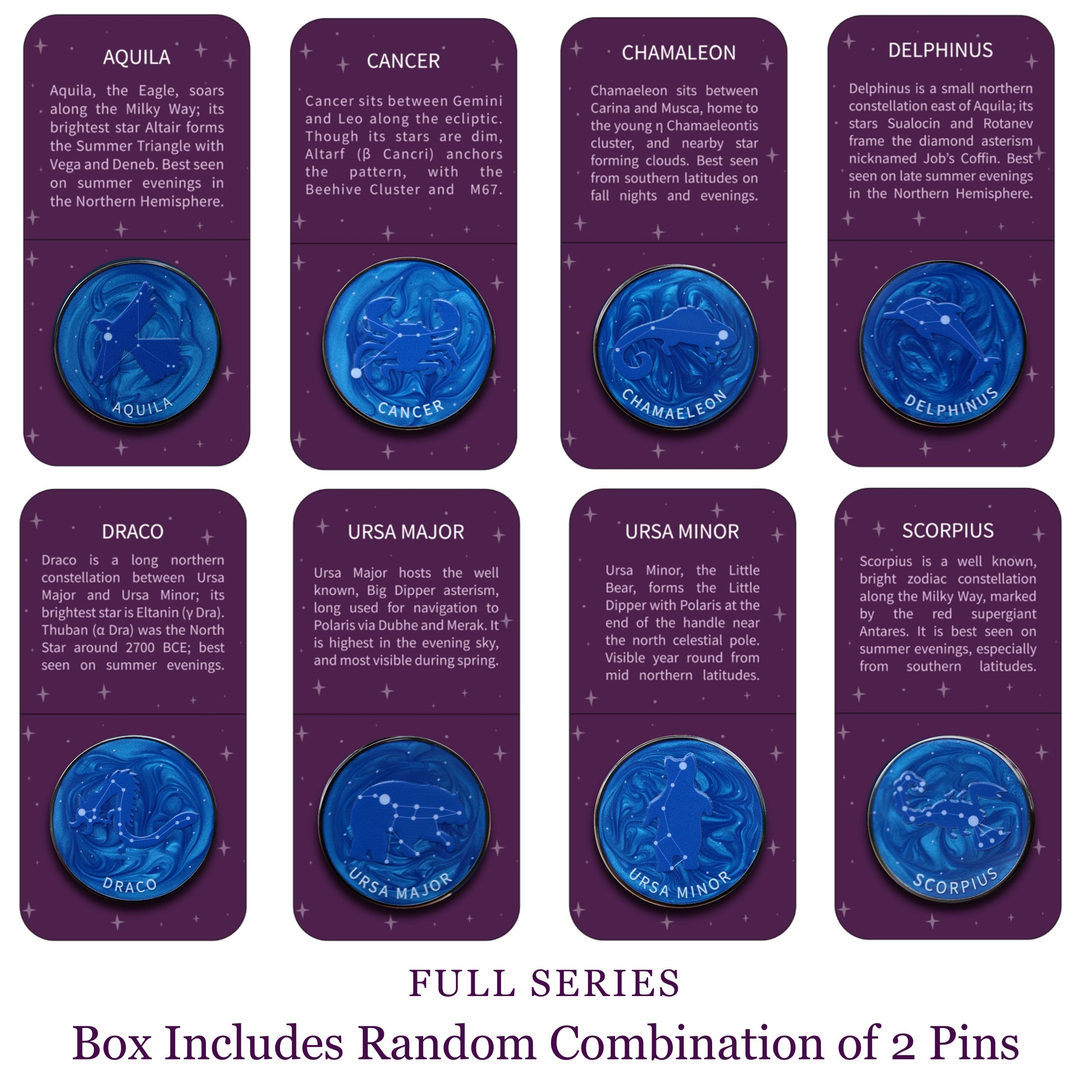 Set of 8 purple cards with blue celestial designs and star constellation names on a white background.