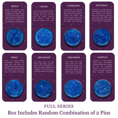 Set of 8 purple cards with blue celestial designs and star constellation names on a white background.
