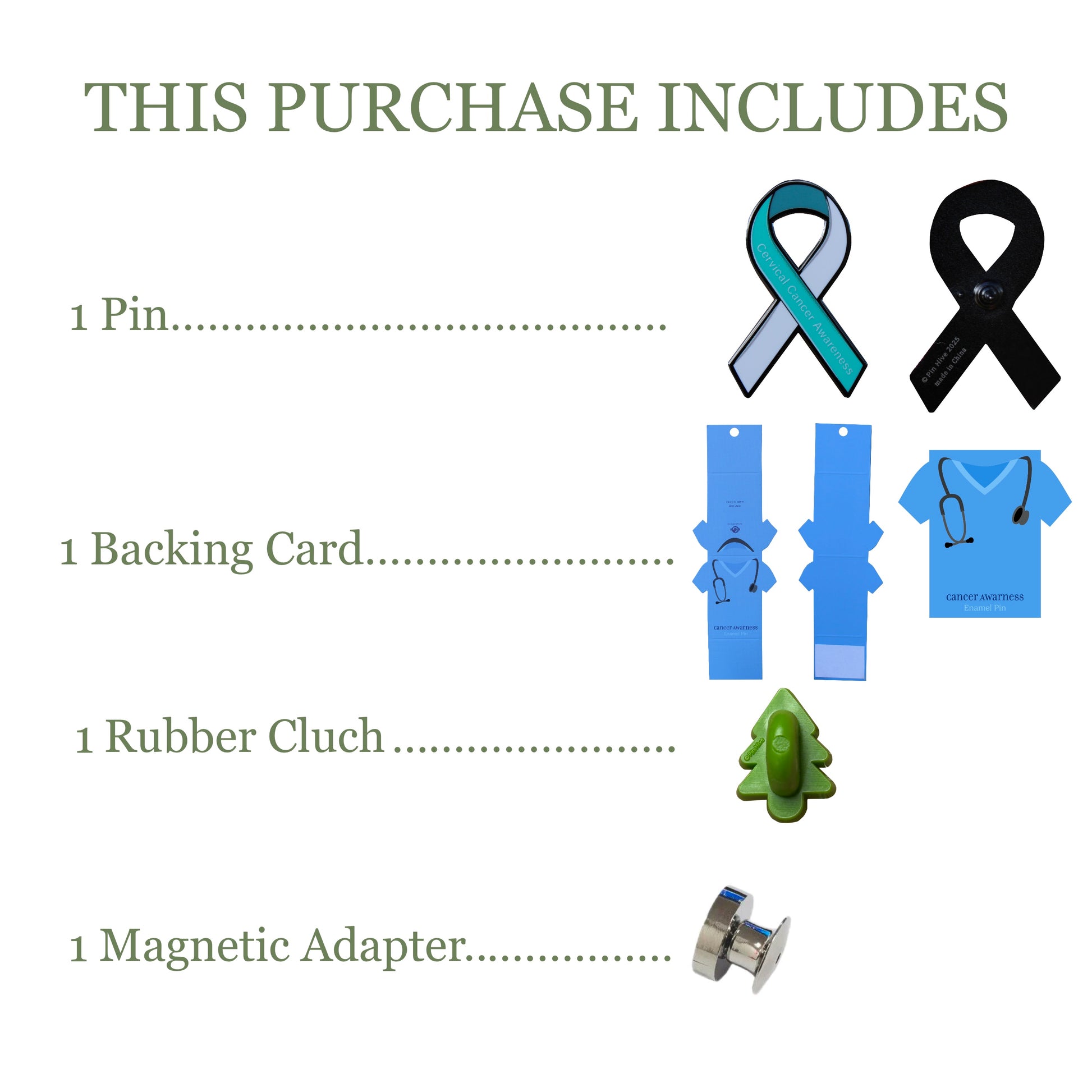 Product bundle image showing ribbon pin, scrub display card, backing card, and magnetic adapter