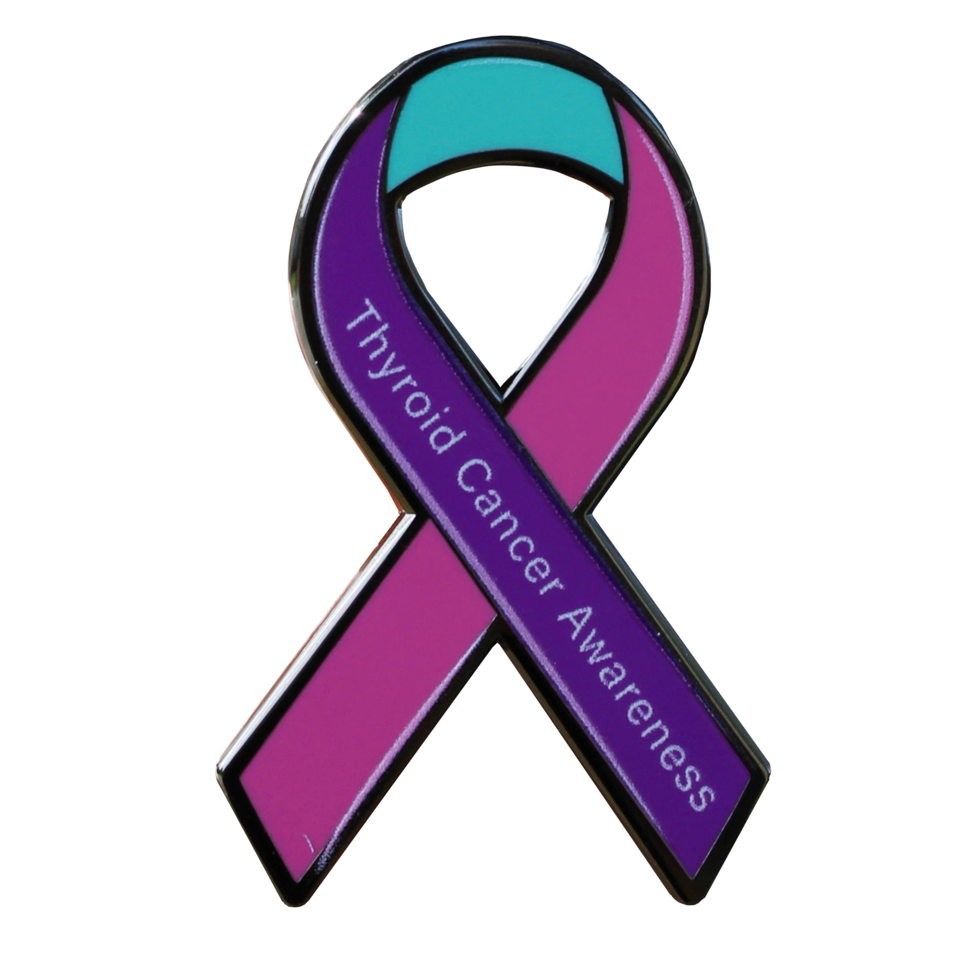 Purple and teal ribbon with 'Thyroid Cancer Awareness' text on a white background