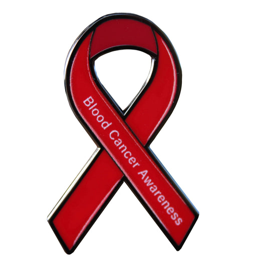 Red ribbon with 'Blood Cancer Awareness' text on a white background