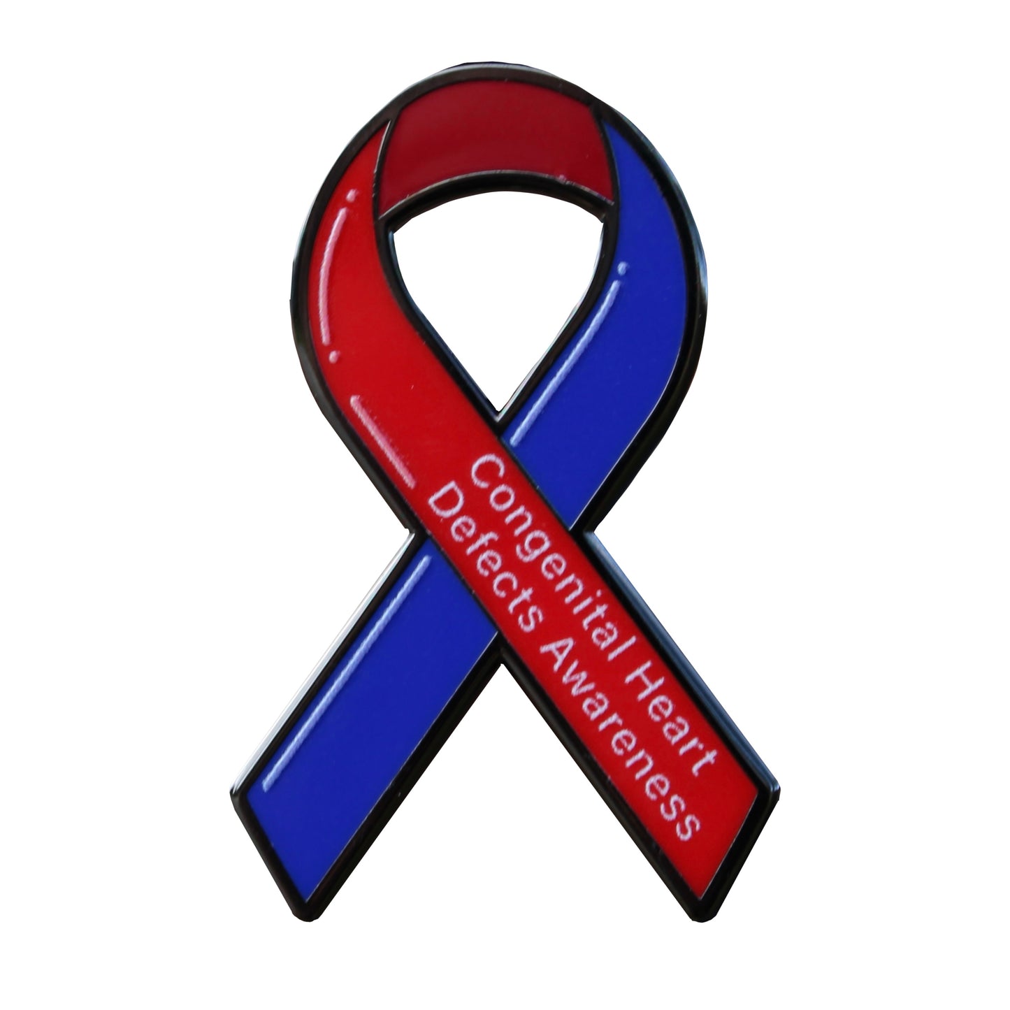 Red and blue awareness ribbon with 'Congenital Heart Defects Awareness' text on a white background