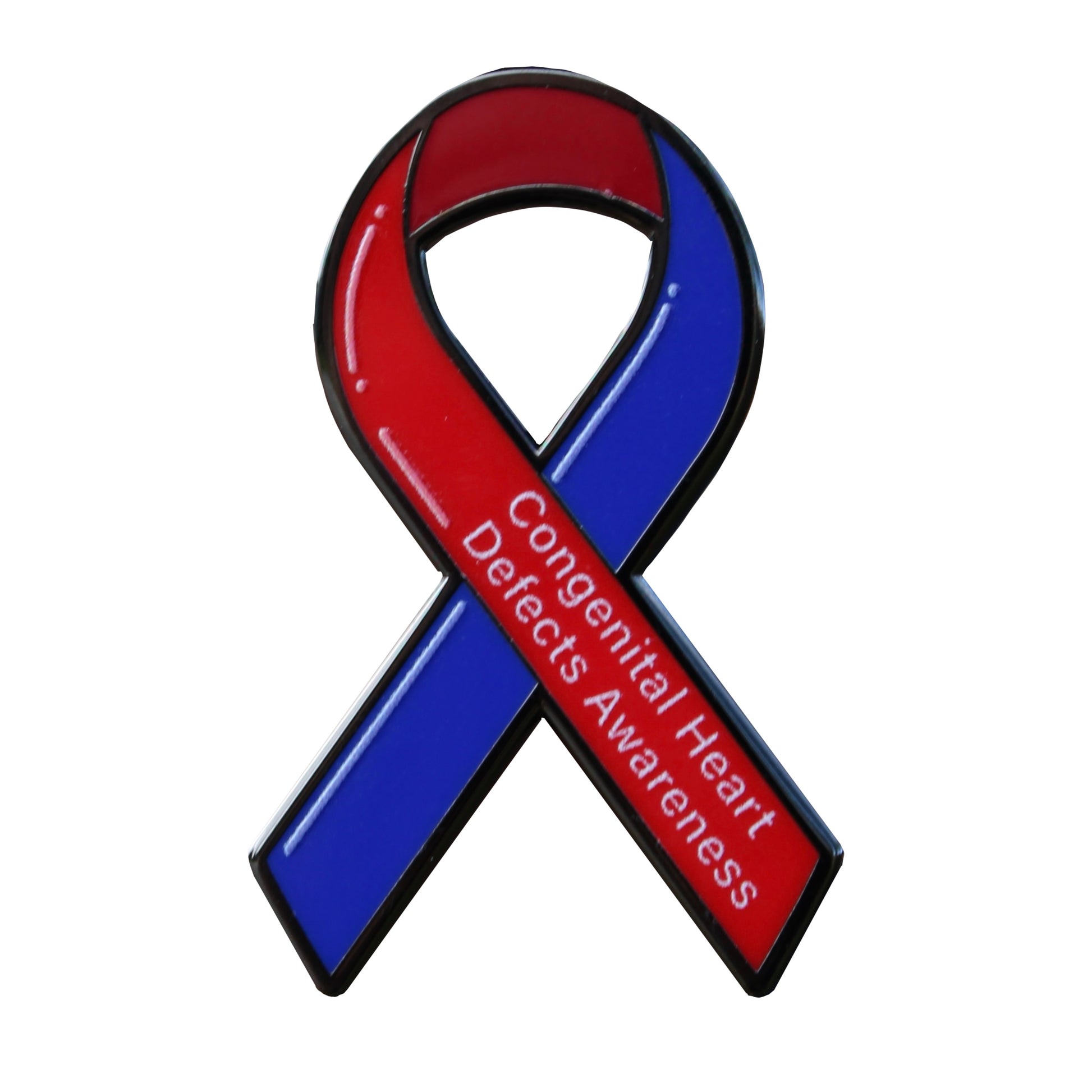 Red and blue awareness ribbon with 'Congenital Heart Defects Awareness' text on a white background