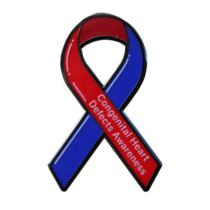 Red and blue awareness ribbon with 'Congenital Heart Defects Awareness' text on a white background