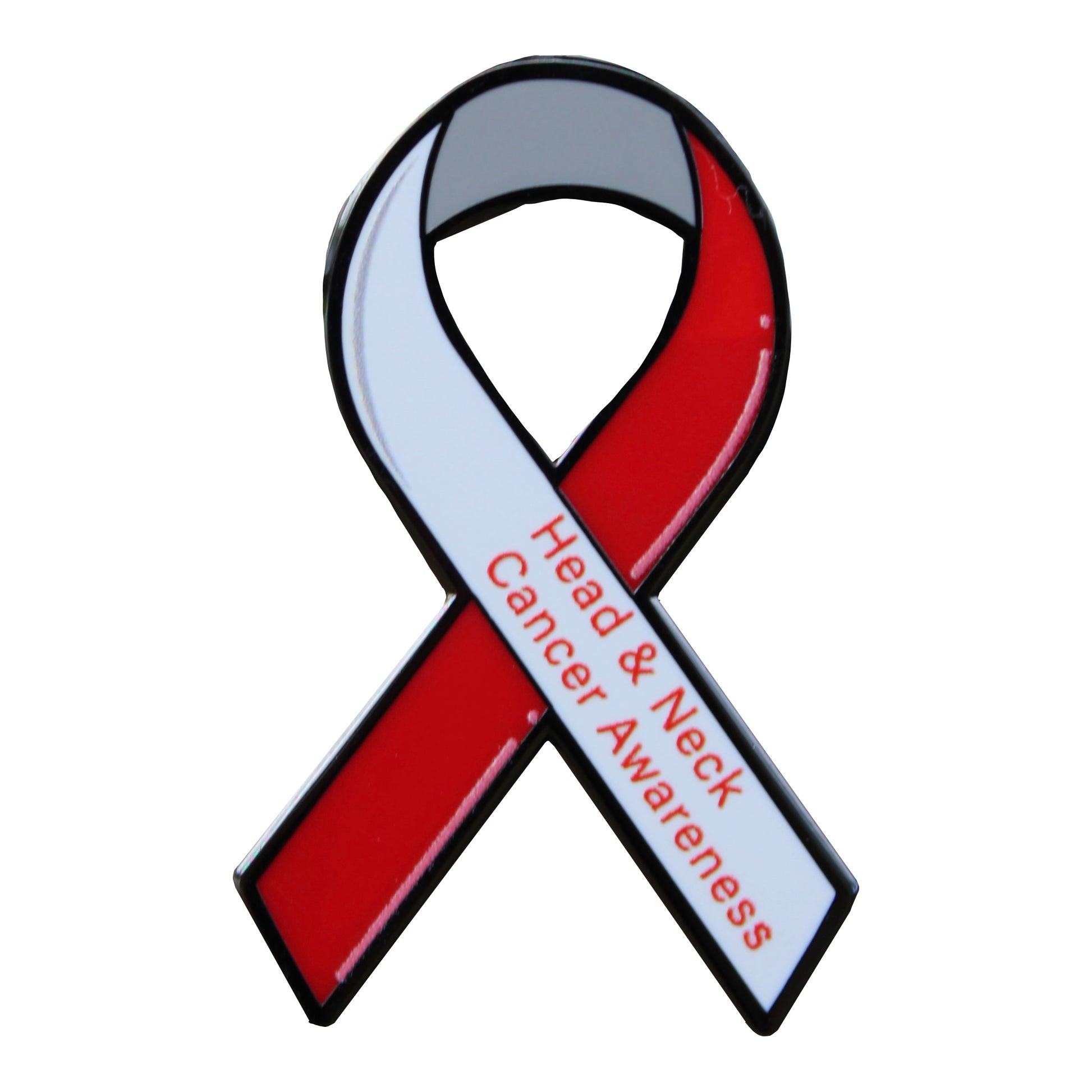 Red and white awareness ribbon with 'Head & Neck Cancer Awareness' text on a white background