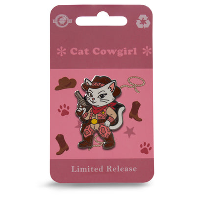 Cat Cowgirl Pin With Magnet - Wearing Pink Cow Print Chaps