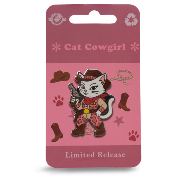 Cat Cowgirl Pin With Magnet - Wearing Pink Cow Print Chaps