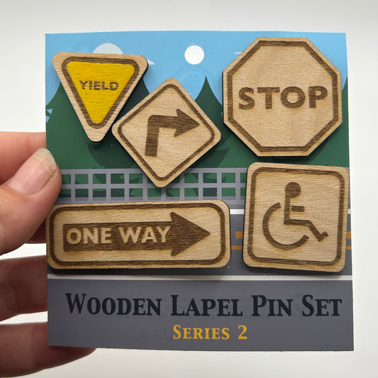 S2 - 2026 - Road Signs - Wooden Pin Set of 5 - With Magnets