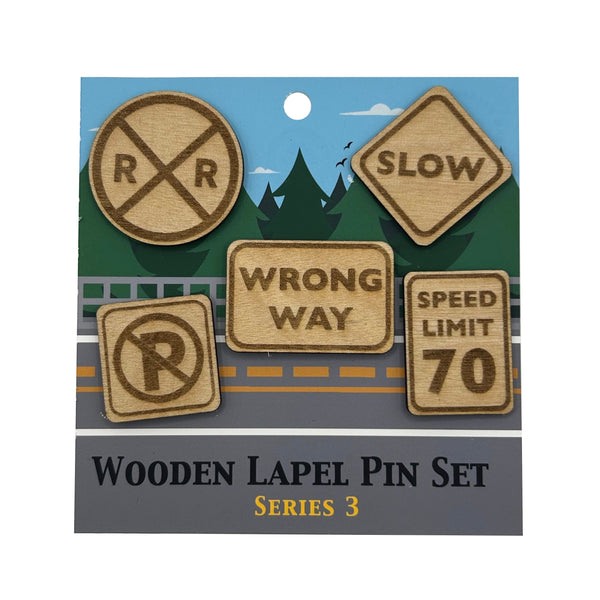 S3 - 2026 - Road Signs - Wooden Pin Set of 5 - With Magnets