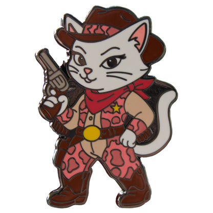 Cat Cowgirl enamel pin in pink cowprint chaps and cowboy hat