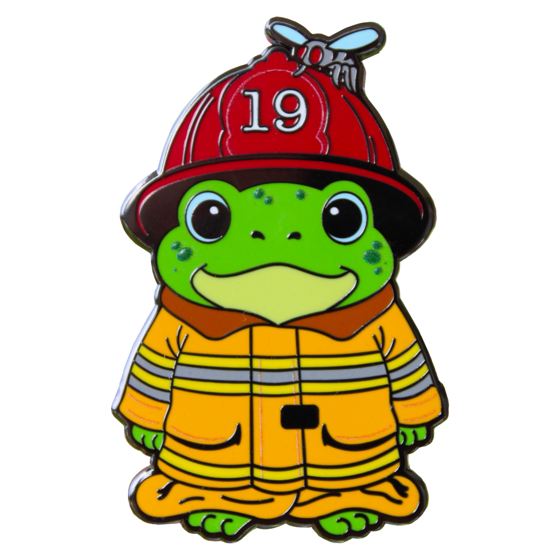 Froggy Fireman enamel pin with frog firefighter in yellow coat and red helmet