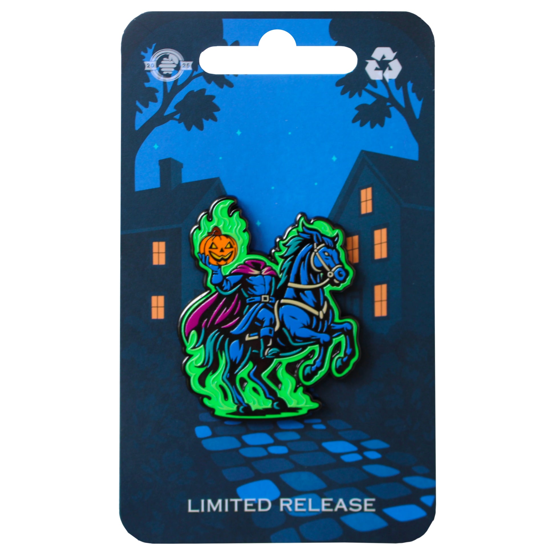 Headless Horseman enamel pin riding through Sleepy Hollow holding a jack-o’-lantern