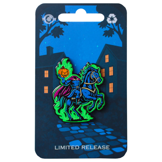 Headless Horseman enamel pin riding through Sleepy Hollow holding a jack-o’-lantern
