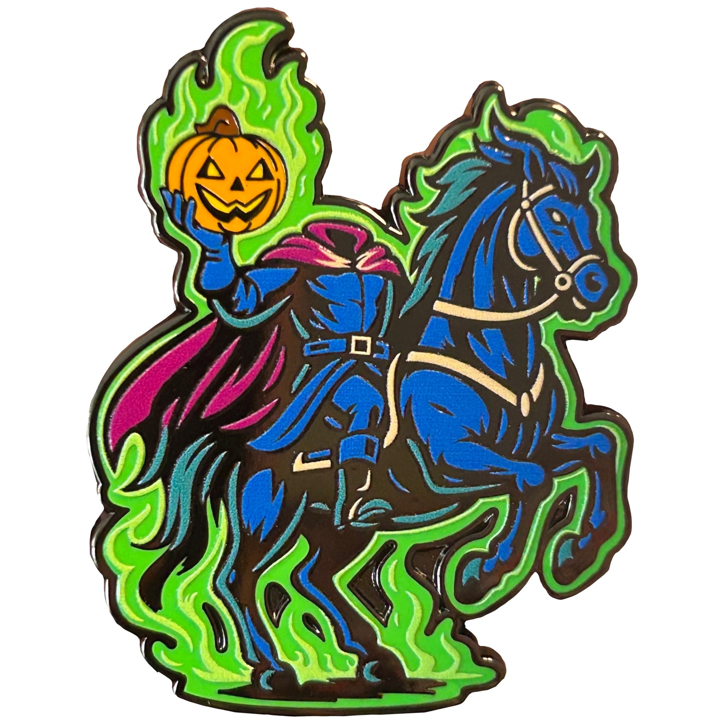 Headless Horseman enamel pin riding through Sleepy Hollow holding a jack-o’-lantern
