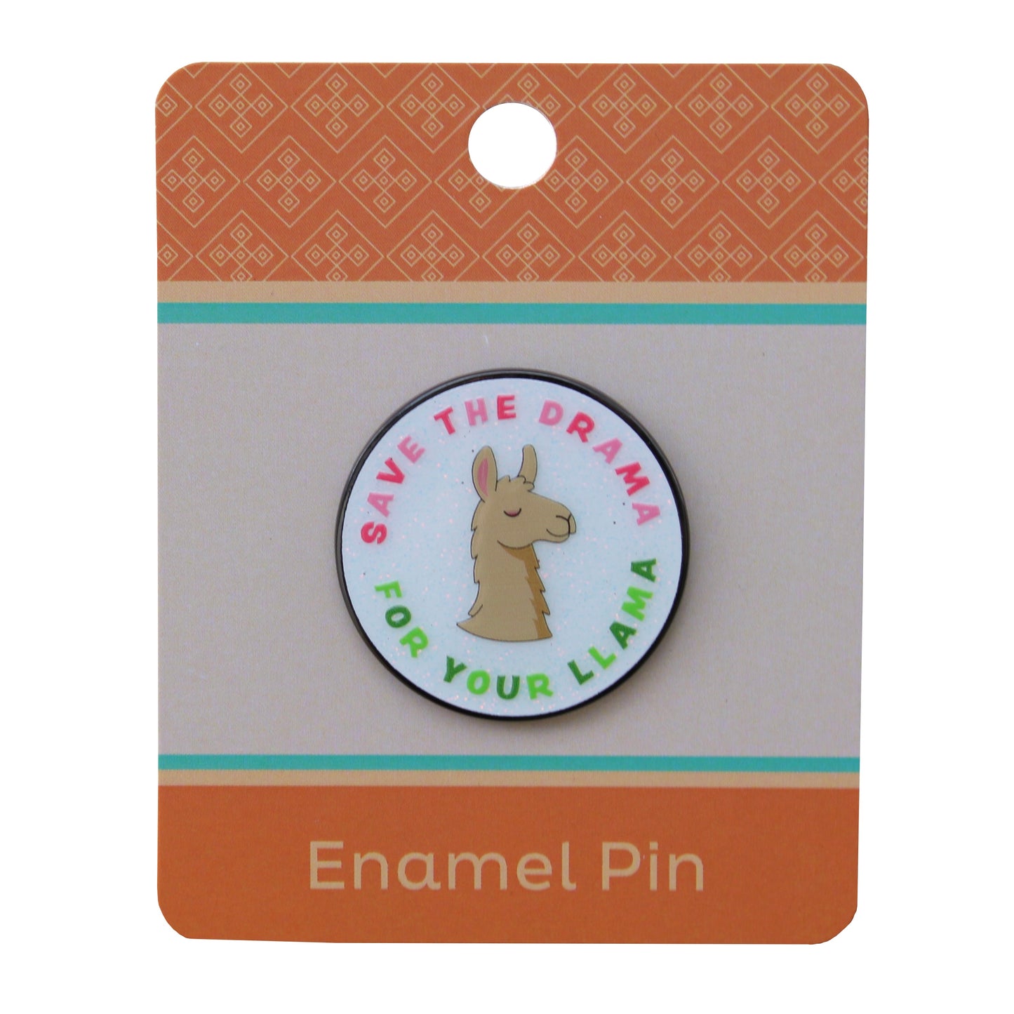 Enamel pin with llama design on a branded pin hive card