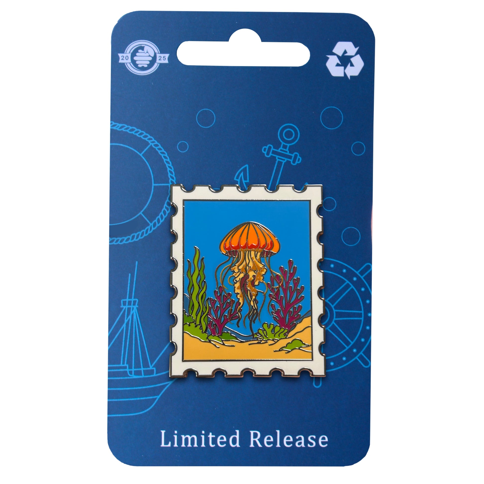 Pacific sea nettle jellyfish postage stamp enamel pin on blue ocean backing card