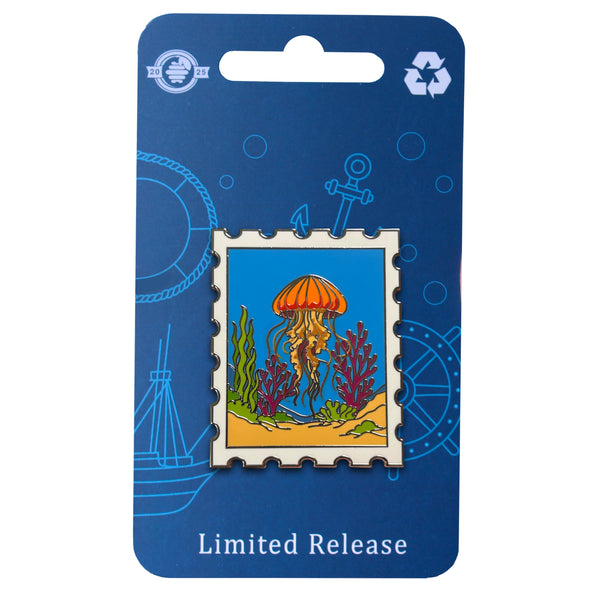Pacific sea nettle jellyfish postage stamp enamel pin on blue ocean backing card