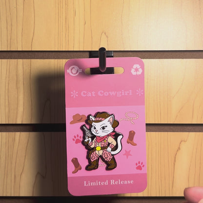 Cat Cowgirl Pin With Magnet - Wearing Pink Cow Print Chaps