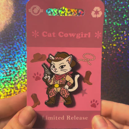 Cat Cowgirl Pin - Wearing Pink Cow Print Chaps