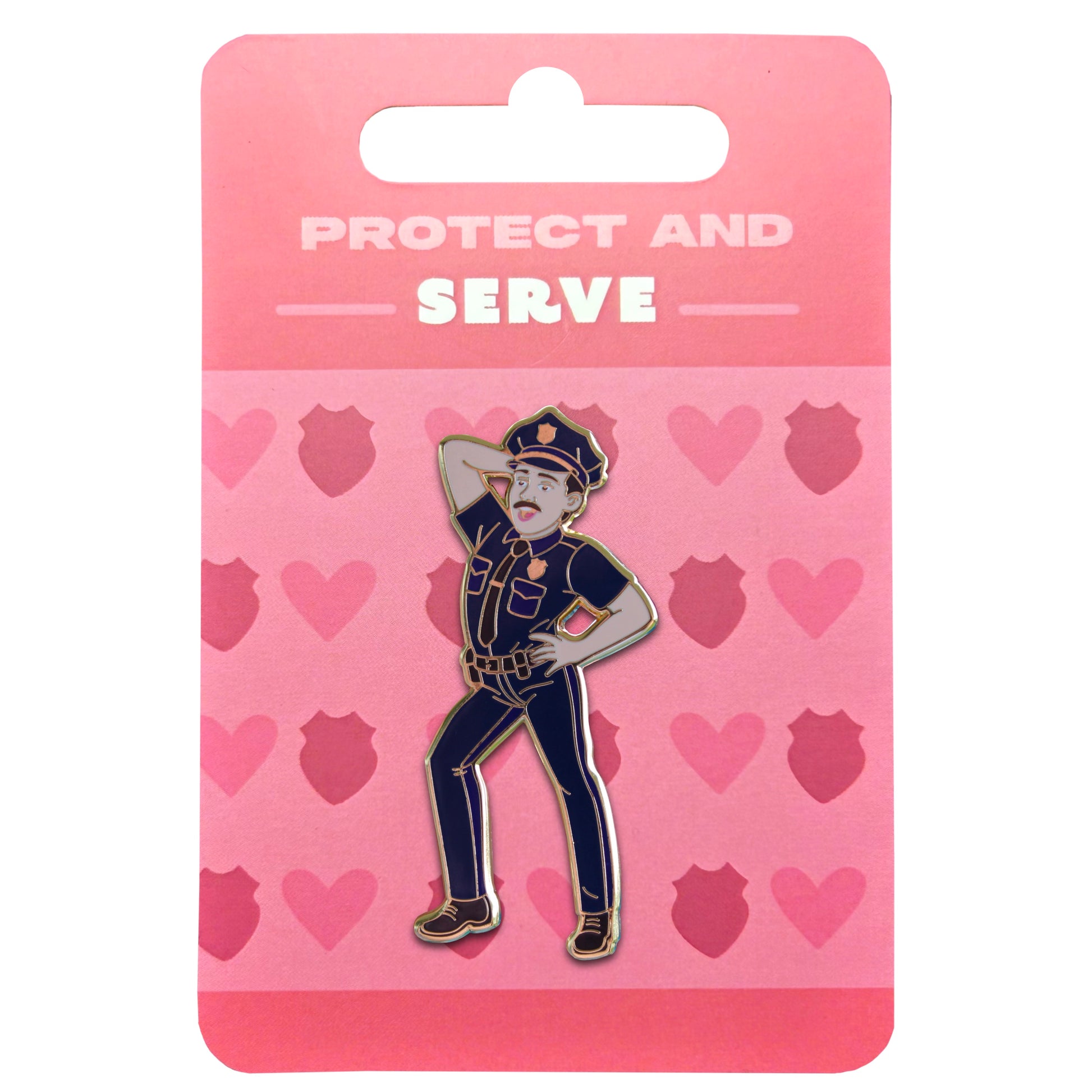 Pin with a police officer design on a pink card with 'Protect and Serve' text and heart patterns.