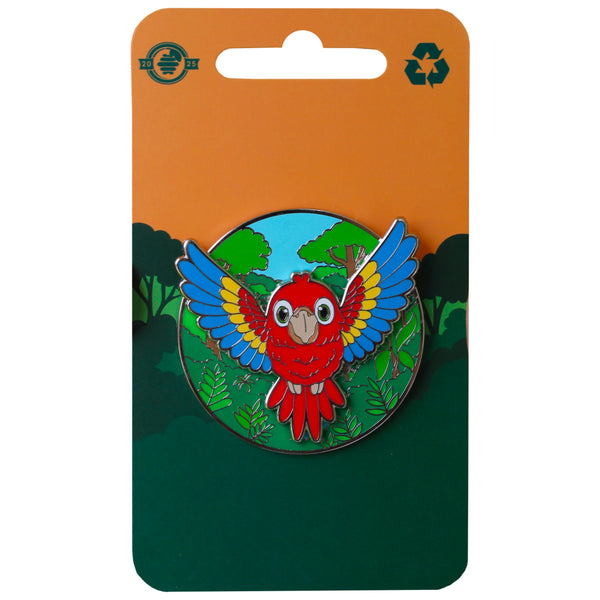 Scarlet macaw pin-on-pin enamel parrot on orange/yellow and green rainforest backing card
