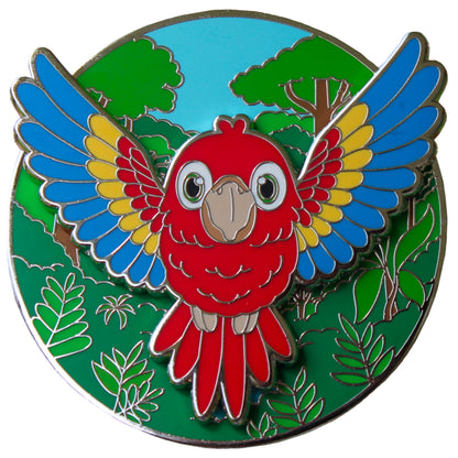 Scarlet macaw enamel pin with kawaii red parrot flying over rainforest, pin-on-pin