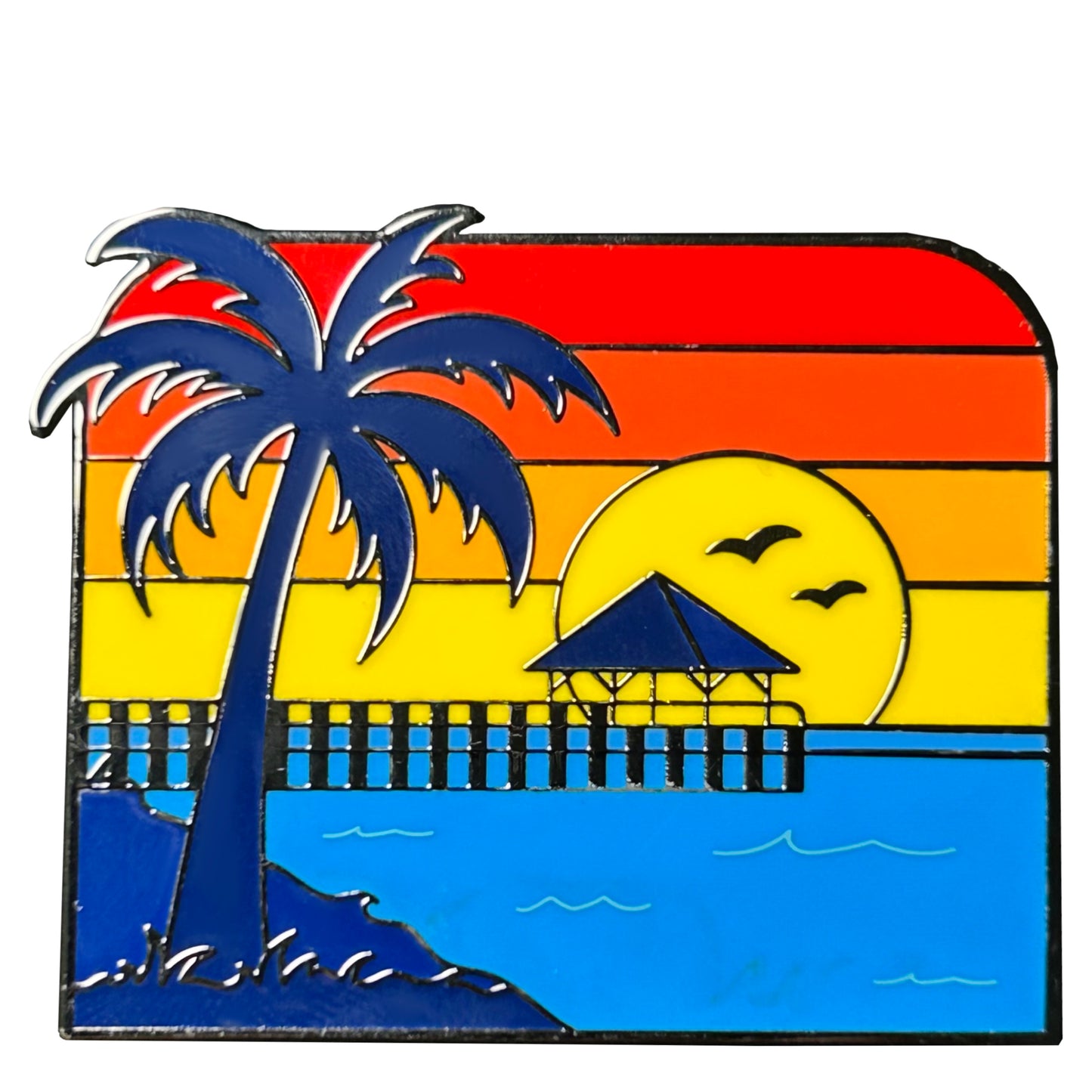 Florida Keys sunset enamel pin with palm tree, pier and ocean waves
